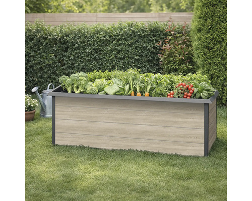 Hochbeet aus Holz mit verschiedenen Gemüsesorten im Garten.