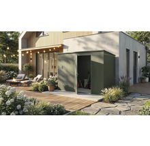 Ein moderner Garten mit einem Gerätehaus, umgeben von Pflanzen und Blumen