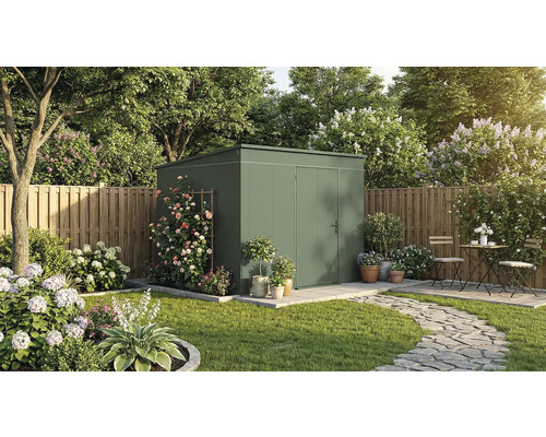 Gartenszene mit Gerätehaus, Pflanzen und Gartenmöbeln auf Rasenfläche