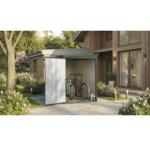 Fahrradgarage aus Metall mit zwei Fahrrädern in einem gepflegten Garten