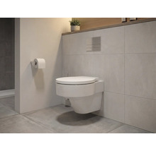 Wandhängendes WC im modernen Badezimmer mit Fliesen und Toilettenpapierhalter.