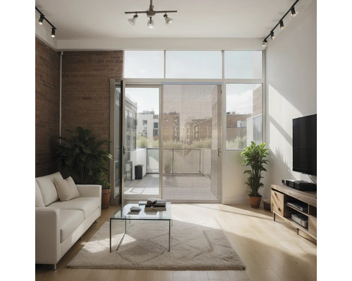 Wohnzimmer mit Sofa, Couchtisch und Schiebetür zum Balkon