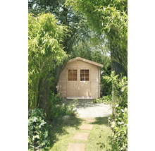 Gartenhaus aus Holz mit Satteldach und Doppelflügeltür inklusive Fensterausschnitten, umgeben von dichtem Grün und Bäumen im Garten.