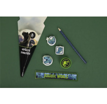 Befüllte Schultüte im Jurassic World Design, sechsteiliges Set inklusive Lineal, Bleistift, Radiergummis und Dose mit Saurier-Motiven.