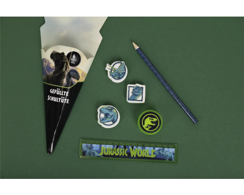 Befüllte Schultüte im Jurassic World Design, sechsteiliges Set inklusive Lineal, Bleistift, Radiergummis und Dose mit Saurier-Motiven.