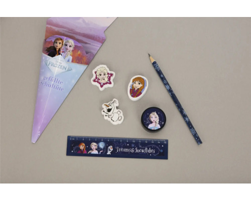 Disney Frozen Schreibset mit Bleistift, 15 Zentimeter Lineal, Anspitzer, drei Radiergummis und kleiner Schultüte.
