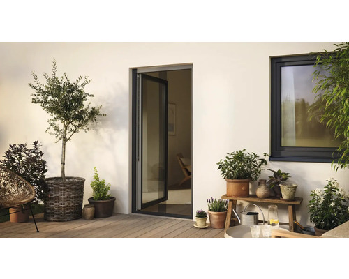 Terrasse mit Terrassentür, Fenster und Pflanzen