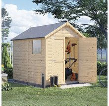 Gartenhaus aus Holz mit geöffneten Türen und Gartengeräten im Inneren