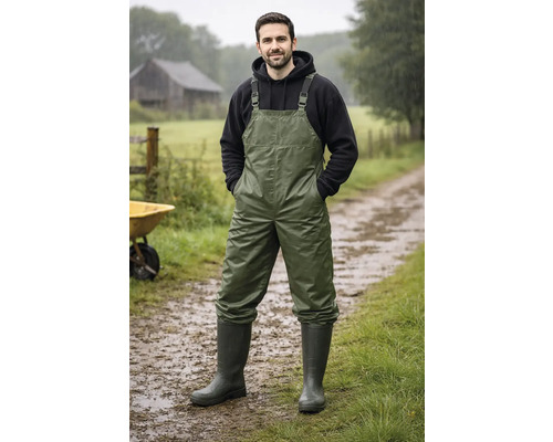 Mann trägt wasserdichte Latzhose und Gummistiefel im Freien