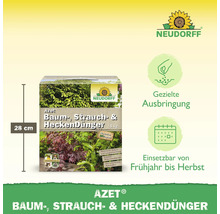 Neudorff Azet Baum-, Strauch- und HeckenDünger, 5 Kilogramm Packung, 28 Zentimeter hoch. Biologischer Dünger für Frühjahr bis Herbst. Neudorff Logo.