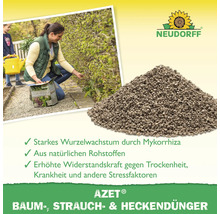 Frau düngt eine Hecke mit Neudorff Azet Baum-, Strauch- und Heckendünger. Gezeigt werden organische Düngergranulate und das Neudorff Logo.