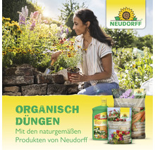 Frau pflanzt Blumen in einem hellen Garten mit Steinmauer, neben organischen Düngemitteln von Neudorff für Garten und Balkon. Neudorff Logo.