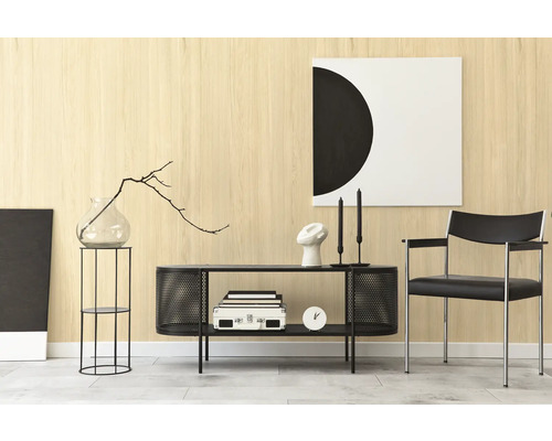 Moderner Wohnraum mit Wandpaneelen in heller Holzoptik, minimalistischen schwarzen Möbeln und abstrakter Dekoration.