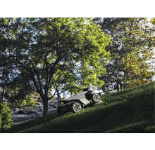 Mähroboter mit Allradantrieb mäht einen steilen Grashang unter großen grünen Bäumen in einem Garten.