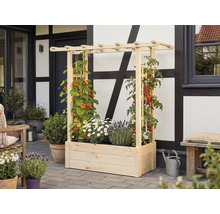 Rechteckiger Pflanzkasten aus Holz mit Pergola-Rankhilfe, bepflanzt mit Kapuzinerkresse, Tomaten und Lavendel auf einer gepflasterten Terrasse.
