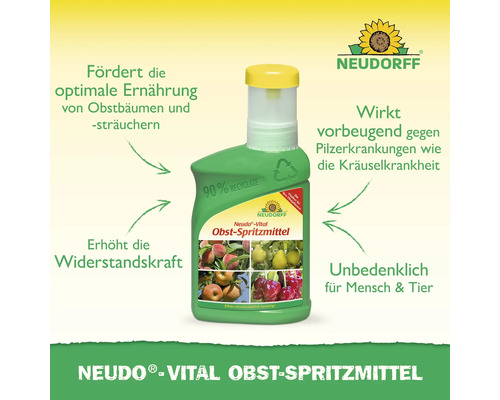 Neudorff Neudo-Vital Obst-Spritzmittel aus 90 Prozent Rezyklat zur Stärkung von Obstbäumen, beugt Pilzerkrankungen vor, unbedenklich für Mensch und Tier.