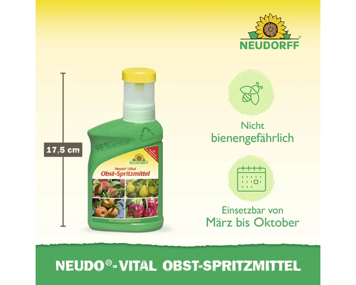 Neudorff Logo, Neudo-Vital Obst-Spritzmittel, 17,5 Zentimeter, 90 Prozent Rezyklat, nicht bienengefährlich, einsetzbar März bis Oktober.
