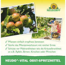 Neudorff Logo, Äpfel an einem Zweig und eine Familie bei der Ernte im Garten, Neudo-Vital Obst-Spritzmittel schützt vor Pilzkrankheiten.