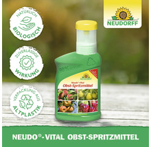 Neudorff Neudo-Vital Obst-Spritzmittel, natürlich biologisch, zuverlässige Wirkung, Verpackung aus 90 Prozent Altplastik, Neudorff Logo.
