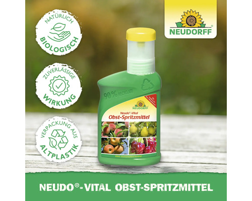 Neudorff Neudo-Vital Obst-Spritzmittel, natürlich biologisch, zuverlässige Wirkung, Verpackung aus 90 Prozent Altplastik, Neudorff Logo.