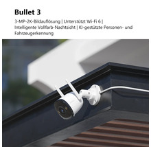 Imou Bullet 3 Überwachungskamera mit 3 Megapixel 2K Auflösung, Wi-Fi 6 und KI-Erkennung, montiert an einer Dachkante.