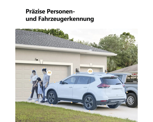 Überwachungskamera mit präziser Personen- und Fahrzeugerkennung vor einem Wohnhaus mit Garage und Auto.