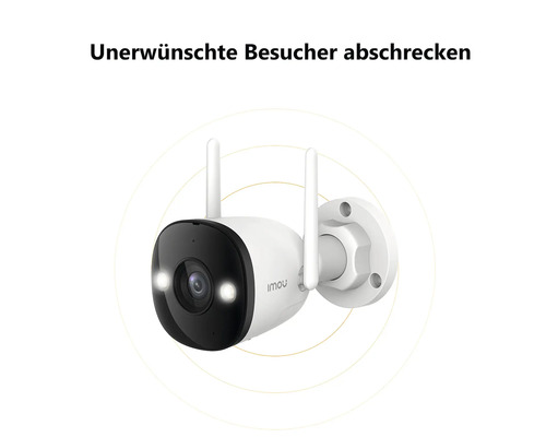 Imou Überwachungskamera mit zwei Antennen und integriertem Scheinwerfer zur Abschreckung unerwünschter Besucher.