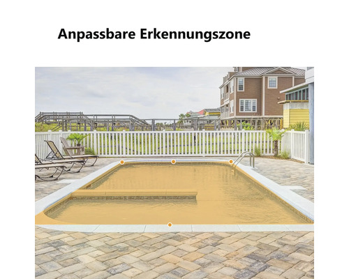 Anpassbare Erkennungszone für eine Überwachungskamera über einem Außenpool.