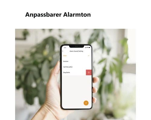 Smartphone-App mit Menü für anpassbare Alarmtöne wie Sirene oder Hundegebell für das Sicherheitssystem.