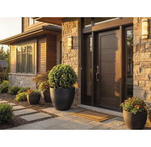 Moderner Hauseingang mit dunkler Holztür, Natursteinfassade und großen Pflanzkübeln mit Buchsbaumkugeln.