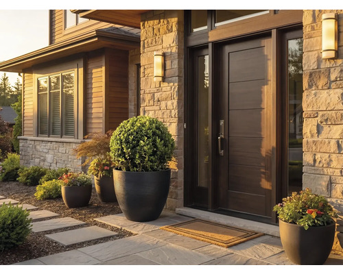 Moderner Hauseingang mit dunkler Holztür, Natursteinfassade und großen Pflanzkübeln mit Buchsbaumkugeln.
