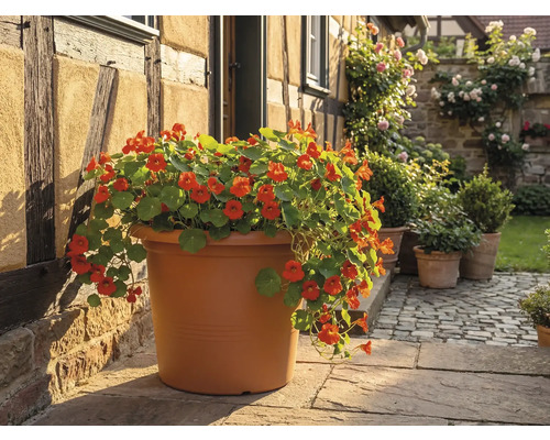 Großer, runder Pflanztopf in Terrakotta-Optik, bepflanzt mit orange blühender Kapuzinerkresse auf einer Steinterrasse vor einem Fachwerkhaus.