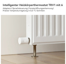 Intelligenter Heizkörperthermostat TRV1 an einem weißen Heizkörper mit digitaler Anzeige für präzise Temperaturregelung.