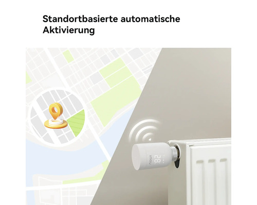 Smartes Heizkörperthermostat mit digitaler Anzeige an einem Heizkörper neben einer Karte zur Veranschaulichung der standortbasierten Steuerung.