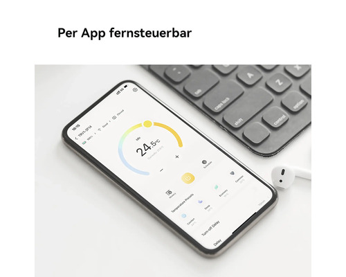 Smartphone mit einer App zur Heizungssteuerung, die eine Temperatur von 24,5 Grad Celsius und verschiedene Voreinstellungen anzeigt.