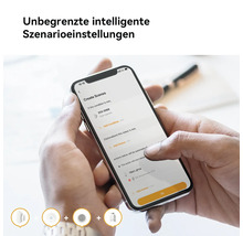 Smartphone zeigt Smart Home App zum Erstellen von Szenarien für Heizkörperthermostat, Türsensor und weitere Geräte.