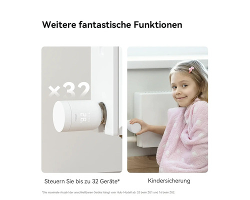 Smartes Heizkörperthermostat an Heizung montiert, Steuerung von bis zu 32 Geräten und Kindersicherung in heller Umgebung mit Kind dargestellt.