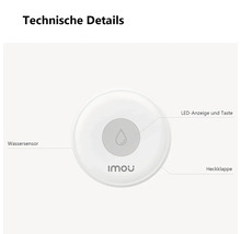 Diagramm der technischen Details eines Imou Wassersensors mit Wassersensor, LED-Anzeige, Taste und Heckklappe. Imou Logo.