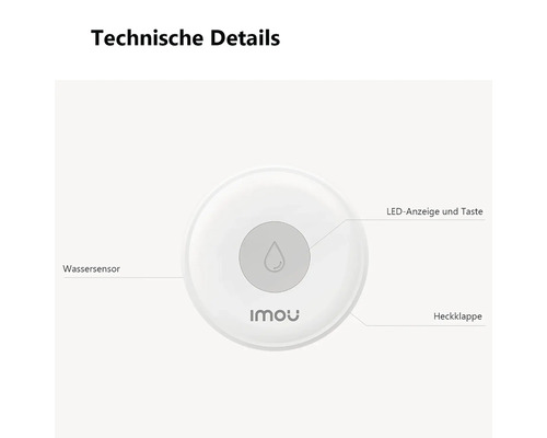 Diagramm der technischen Details eines Imou Wassersensors mit Wassersensor, LED-Anzeige, Taste und Heckklappe. Imou Logo.