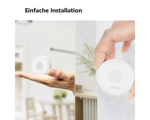 Einfache Installation eines runden weißen Wassersensors von Imou an einer Wand.