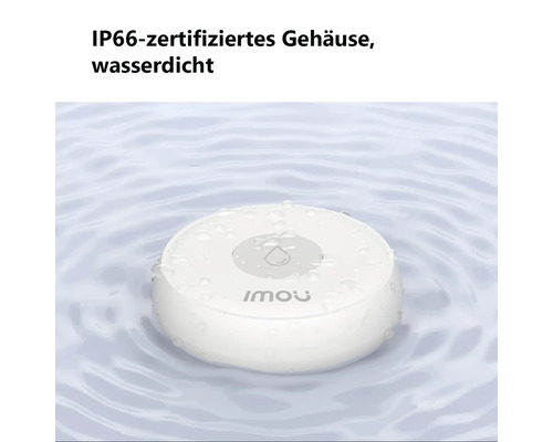 Weißer Imou Wassersensor im Wasser mit IP66 zertifiziertem Gehäuse, wasserdicht.