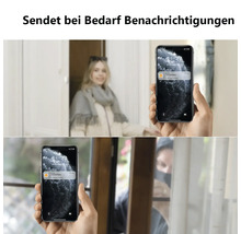 Hand hält ein Smartphone mit Benachrichtigungen eines Tür- und Fenstersensors zur Überwachung von Eingängen im Haus.