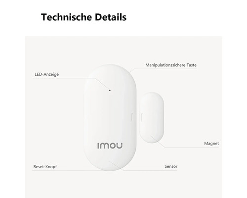 Imou Tür- und Fenstersensor mit Imou Logo und technischen Details: LED-Anzeige, manipulationssichere Taste, Reset-Knopf, Magnet und Sensor.