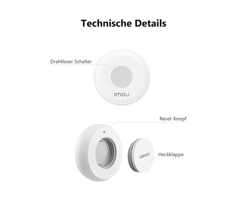Technische Details eines runden Funk-Schalters mit Imou Logo, Reset-Knopf und Heckklappe.