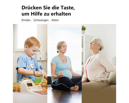 Notruf-System für Kinder, Schwangere und Senioren mit drei Anwendungsszenarien: spielendes Kind, meditierende Schwangere und ältere Frau.