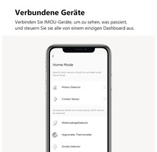 Smartphone mit der IMOU App zeigt Übersicht von Smart Home Geräten wie Bewegungsmelder, Wassersensor, Thermometer und Rauchmelder.