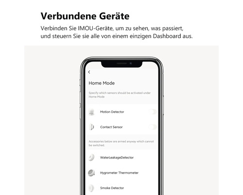 Smartphone mit der IMOU App zeigt Übersicht von Smart Home Geräten wie Bewegungsmelder, Wassersensor, Thermometer und Rauchmelder.