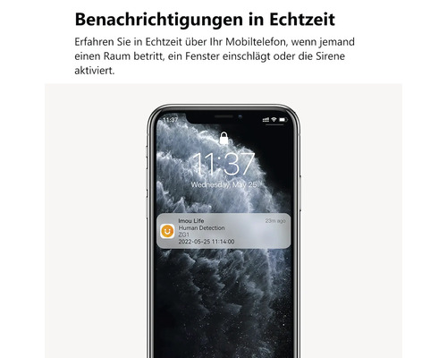 Smartphone mit einer Sicherheitsbenachrichtigung zur Personenerkennung in Echtzeit auf dem Sperrbildschirm.