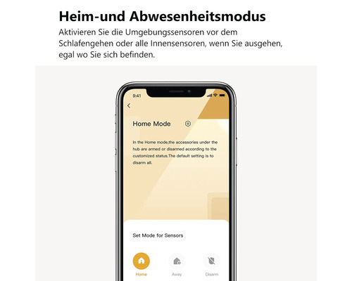 Smartphone-App zur Steuerung von Heim- und Abwesenheitsmodus für Sicherheitssensoren.