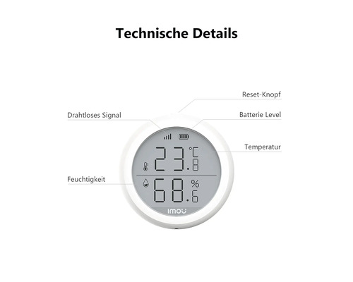 Technische Details eines runden Imou Displays mit Anzeige von Temperatur, Feuchtigkeit, Signalstärke, Batteriestand und Reset-Taste.